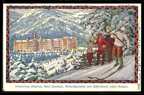 Künstler-AK Ernst Kutzer: Semmering, Skifahrer vor dem Hotel Panhans