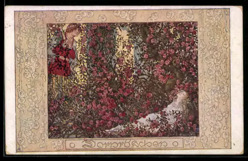 Künstler-AK Ernst Kutzer: Der Prinz sieht Dornröschen unter der Dornenhecke schlafen