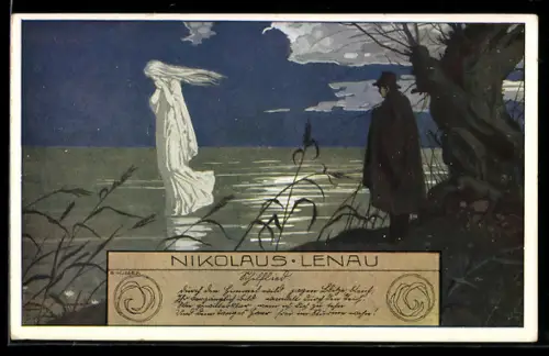 Künstler-AK Ernst Kutzer: Junger Mann sieht einen Geist auf dem See