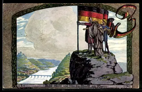 Künstler-AK Ernst Kutzer: Fest steht und treu die Wacht am Rhein, Krieger mit Fahne