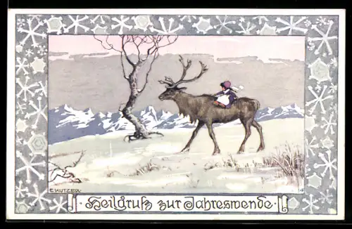 Künstler-AK Ernst Kutzer: Kind reitet auf einem Elch vor einem Gebirgspanorama