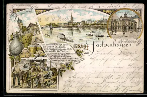 Lithographie Sachsenhausen, Sachsenhäuser Warte, Post, Heckenwirtschaft