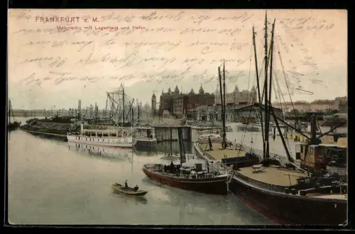 AK Frankfurt a. M., Mainpartie mit Lagerhaus und Hafen