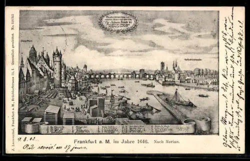 Künstler-AK Frankfurt a. M., Ortsansicht und Mainbrücke im Jahre 1646 nach Merian