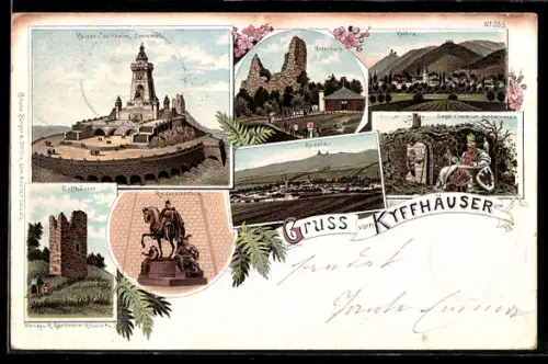 Lithographie Rossla /Kyffhäuser, Kaiser-Wilhelm-Denkmal, Ortsansichten, Reiterstandbild