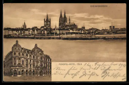 AK Köln, Monopol-Hotel, Wallrafplatz 5, Rheinpanorama