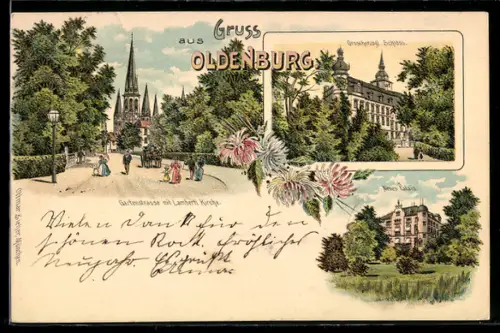Lithographie Oldenburg, Gartenstrasse mit Lambertikirche, Schloss, Neues Palais