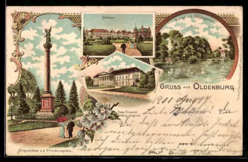 Lithographie Oldenburg, Siegesäule a. d. Friedensplatz, Peter Friedrich Ludwig Hospital, Partie am Schlossgarten