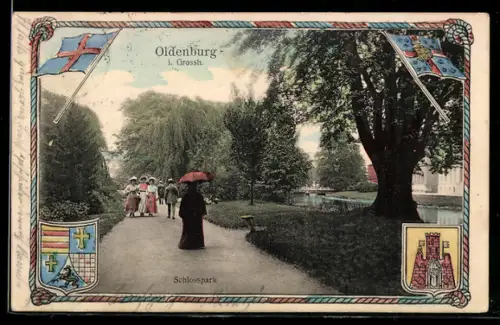 AK Oldenburg i. Grossh., Schlosspark, Spaziergängerinnen, Fahnen, Wappen