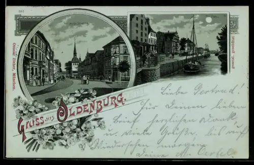 Mondschein-Lithographie Oldenburg, Der Stau, Lange Strasse, Flieder
