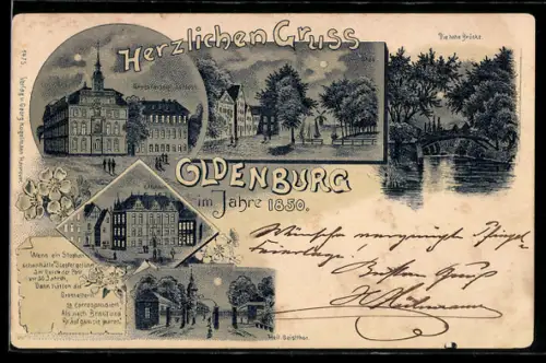 Mondschein-Lithographie Oldenburg, Schloss, Heil. Geist-Thor, Hohe Brücke im Jahre 1850