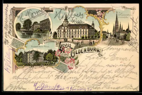 Lithographie Oldenburg, Schloss, Elisabeth-Anna-Palais, St. Lamberti-Kirche