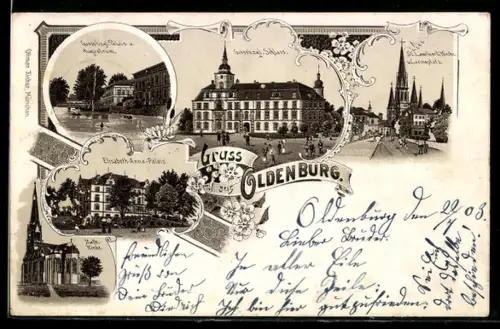 Lithographie Oldenburg, Schloss, Elisabeth-Anna-Palais, St. Lamberti-Kirche