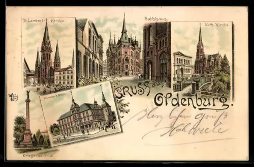 Lithographie Oldenburg, Uchtmanns Hotel, Rathaus, Kath. Kirche, Kriegerdenkmal