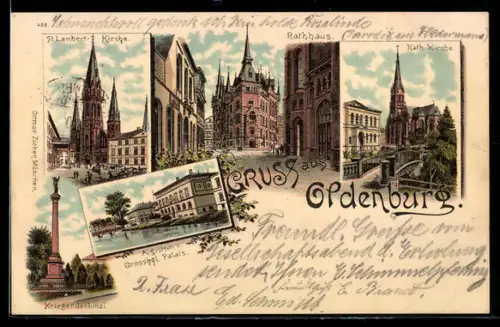 Lithographie Oldenburg, Augusteum, St. Lambertikirche, Rathaus, Kath. Kirche, Kriegerdenkmal