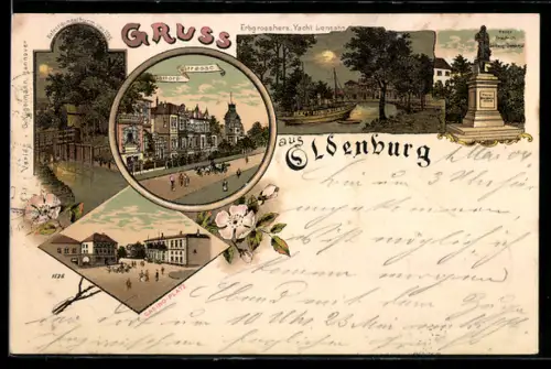 Lithographie Oldenburg, Gottorpstrasse, Casino-Platz, Erbgrossherzogl. Yacht Lensahn, Denkmal