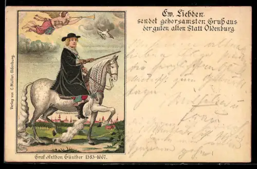 Lithographie Oldenburg, Graf Anton Günther zu Pferde vor der Stadt, Trompetenengel