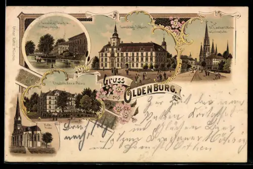 Lithographie Oldenburg, Schloss, Elisabeth-Anna-Palais, Kirchen