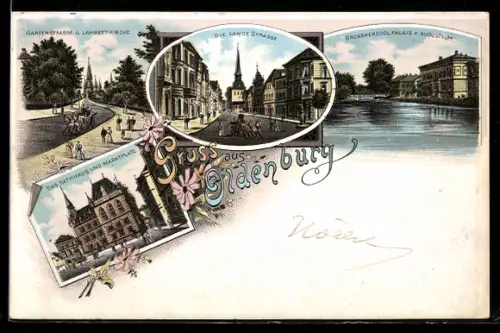 Lithographie Oldenburg, Lambertikirche, Lange Strasse, Grossherzogliches Palais, Rathaus und Marktplatz