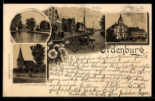 Lithographie Oldenburg, Schlossgarten, Stau, Gertrudenfriedhof