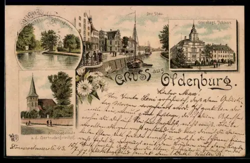 Lithographie Oldenburg, Grossherzogl. Schloss, Stau, Kirche u. Linde a. d. Gertrudenfriedhof