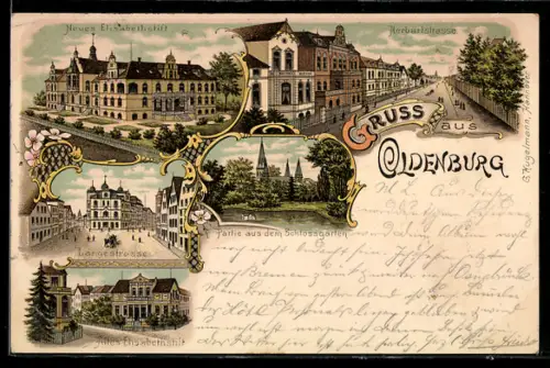 Lithographie Oldenburg, Neues Elisabethstift, Langestrasse, Partie aus dem Schlossgarten