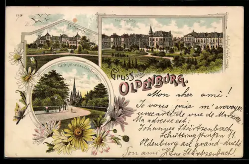 Lithographie Oldenburg, Cäcilienenplatz, Gartenstrasse, Lamberti-Kirche, Blumen, Schmetterling
