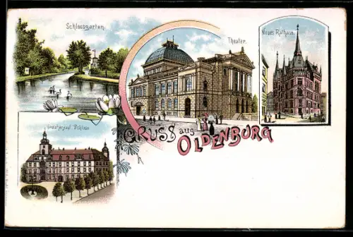 Lithographie Oldenburg, Theater, Neues Rathaus, Schlossgarten, Grossherzogl. Schloss