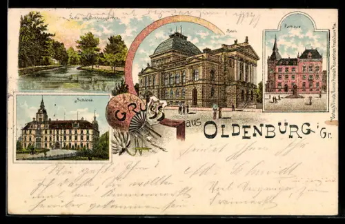 Lithographie Oldenburg, Schloss, Theater, Rathaus