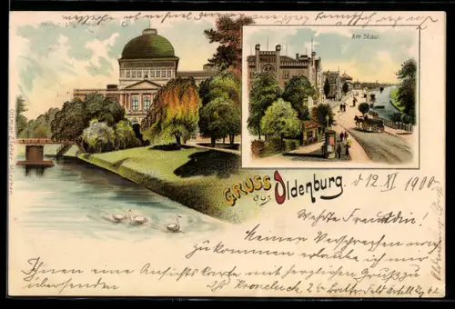 Lithographie Oldenburg, Theater mit Anlagen u. Gewässer, Am Stau