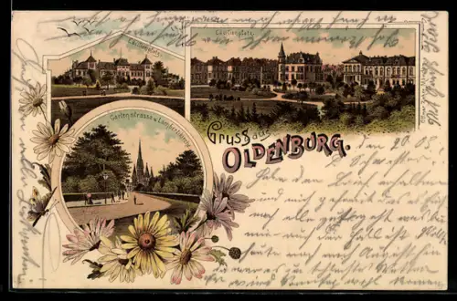 Lithographie Oldenburg, Cäcilienplatz, Gartenstrasse u. Lambertikirche