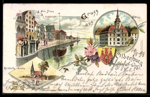 Lithographie Oldenburg, Schloss, Am Stau, Kirchhofs-Linde