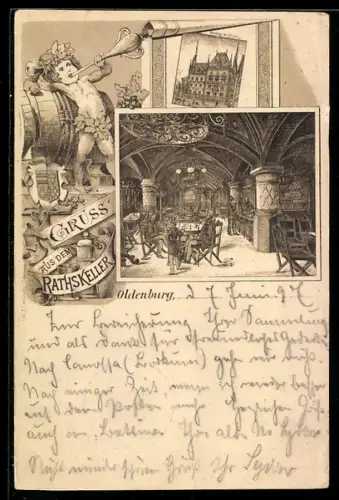 Lithographie Oldenburg, Ratskeller, Innenansicht und Rathaus