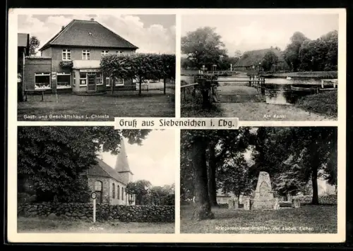 AK Siebeneichen i. Lbg., Gast- und Geschäftshaus L. Chlosta, Kirche, Kriegerdenkmal, Am Kanal