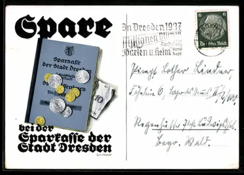 AK Dresden, Sparbuch und Münzen der Stadtsparkasse Dresden