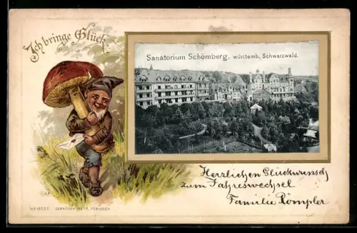 Passepartout-Lithographie Schömberg /württemb. Schwarzwald, Sanatorium, Zwerg mit Pilz im Passepartout