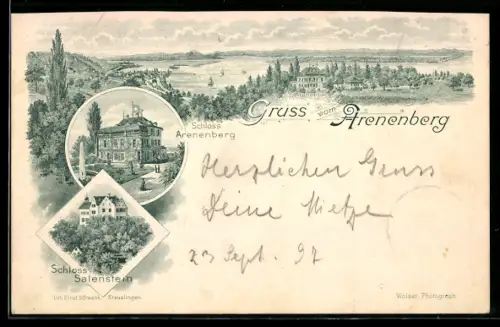 Lithographie Arenenberg, Schloss Arenenberg, Schloss Salenstein, Landschaftsansicht