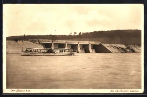 AK Günne /Soest, Der Möhnesee, Staudamm, Ausflugsschiff