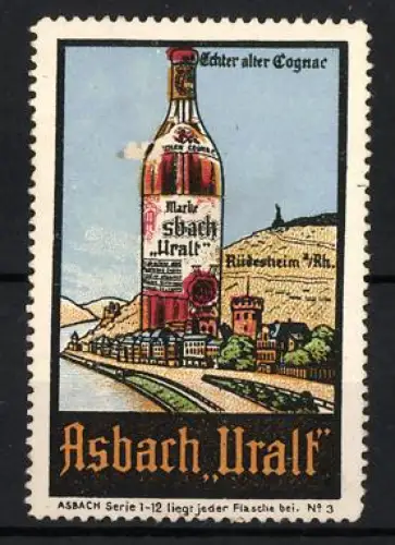Reklamemarke Rüdesheim /Rh., Asbach Uralt, Cognacflasche