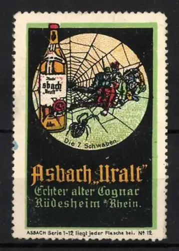 Reklamemarke Rüdesheim am Rhein, Asbach Uralt, Die sieben Schwaben und Spinne im Netz