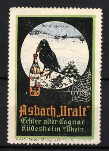 Reklamemarke Rüdesheim am Rhein, Asbach Uralt, Rabe mit Cognacflasche