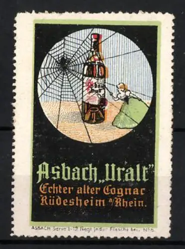 Reklamemarke Rüdesheim am Rhein, Asbach Uralt, Cognac-Flasche mit Spinnennetz