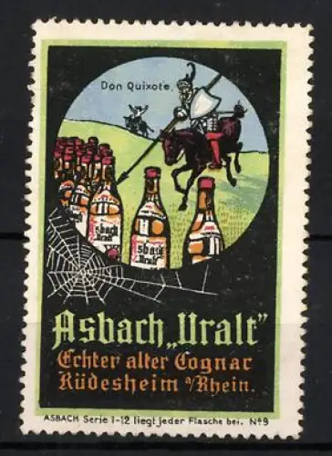 Reklamemarke Rüdesheim, Asbach Uralt, Don Quixote und Flaschen