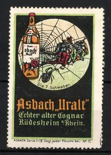 Reklamemarke Rüdesheim /Rhein, Asbach Uralt, Die Sieben Schwaben, Flasche und Spinne im Netz