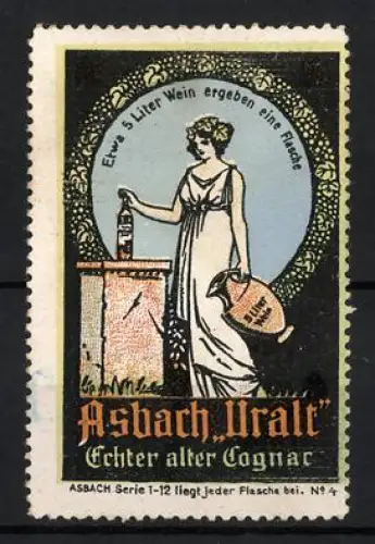 Reklamemarke Asbach, Echter alter Cognac, Frau mit Weinflasche und Amphore