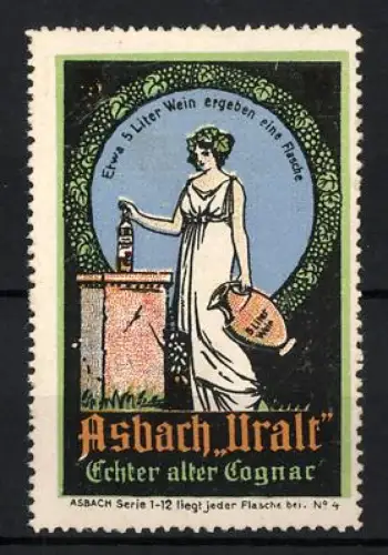 Reklamemarke Asbach, Echter alter Cognac, Frau mit Weinflasche und Krug