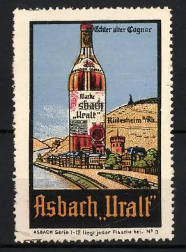 Reklamemarke Rüdesheim /Rh., Asbach Uralt, Flasche und Landschaft