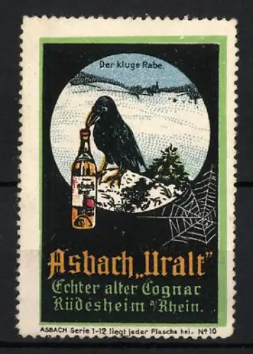 Reklamemarke Rüdesheim am Rhein, Asbach Uralt, Rabe mit Cognacflasche