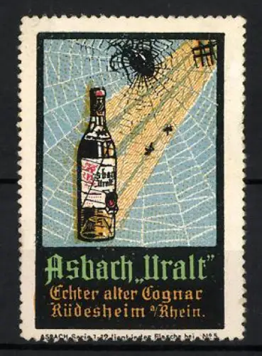 Reklamemarke Rüdesheim, Asbach Uralt, Spinnennetz und Flasche