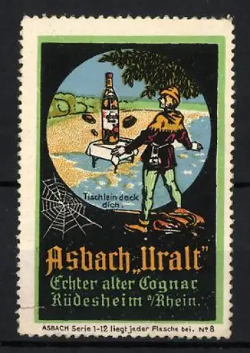 Reklamemarke Rüdesheim am Rhein, Cognac Asbach Uralt, Tischlein deck dich